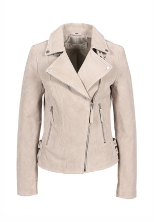 Giacca biker in ecopelle beige con tasche con cerniera, cerniera anteriore asimmetrica, larghi revers e dettagli con fibbie in vita.