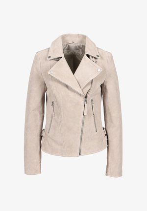 Giacca biker in ecopelle beige con tasche con cerniera, cerniera anteriore asimmetrica, larghi revers e dettagli con fibbie in vita.