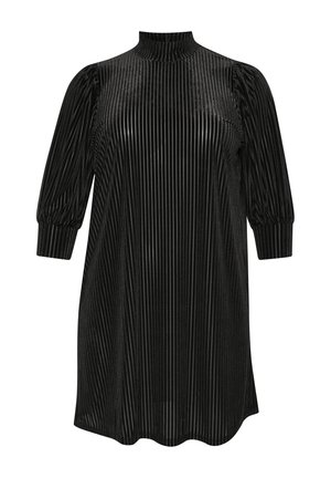 Svart plisserad klänning med hög halsringning och puffärmar. Tillverkad av textil med vertikala ränder. Sicksackad fåll.