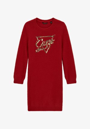 Czerwona, długorękawowa, dzianinowa sukienka z okrągłym dekoltem, zdobiona złotym cekinowym logo "Guess" i trójkątnym wzorem na piersi.