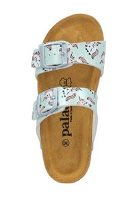 Mintgröna sandaler med dubbla justerbara spännen, prydda med ett fantasifullt mönster av en enhörning och stjärnor, korkfotbädd och slitst Sole av gummi.