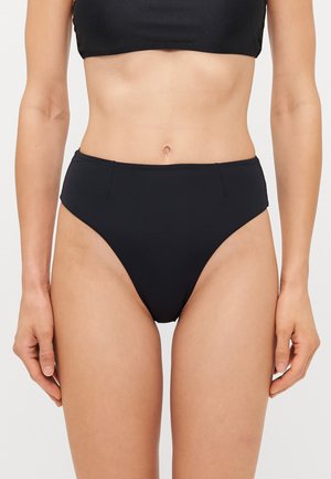 High-waisted black bikini bottom in smooth fabric, featuring side cutouts and minimal stitching for a streamlined look.