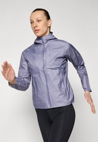 Purple lightweight rain jacket with a fitted hood, front zipper, and elastic cuffs. The material appears smooth with a slight sheen.