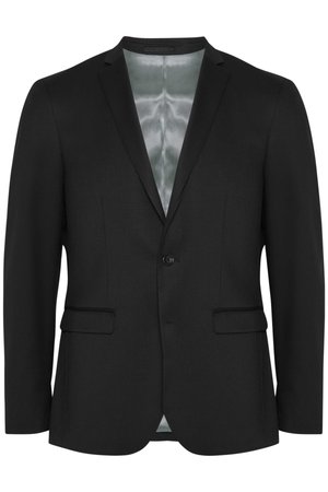 Schwarze Blazer mit schlanker Passform, einem einzelnen Knopfverschluss, zwei Fronttaschen und satinierter Fütterung. Glattes, strukturiertes Material mit klassischem Design.