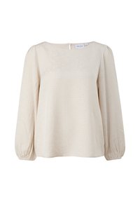 Beige Bluse mit langen, gepufften Ärmeln und rundem Ausschnitt. Verfügt über ein dezentes Textmuster und einen Reißverschluss auf der Rückseite. Weiches, strukturiertes Material.