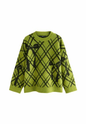 Green fuzzy sweater featuring a diamond pattern in black, with a ribbed crew neckline and cuffs, and prominent bow graphics.