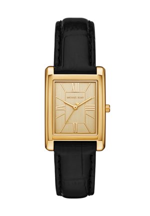 Rechteckige goldene Uhr mit schwarzem Lederarmband, goldenem Zifferblatt mit römischen Zahlen und drei goldenen Zeigern, die 9:15:37 anzeigen.