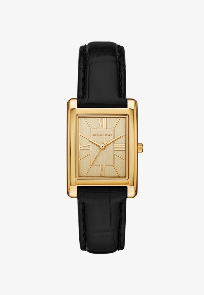 Montre rectangulaire en or avec bracelet en cuir noir, cadran doré avec chiffres romains et trois aiguilles en or affichant 9:15:37.