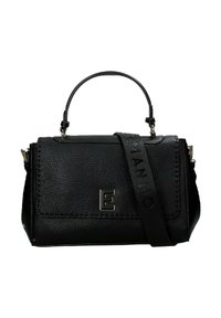Borsa a tracolla in pelle nera con design strutturato, dotata di manico superiore e tracolla removibile. Accenti in metallo dorato di rilievo e logo impresso.