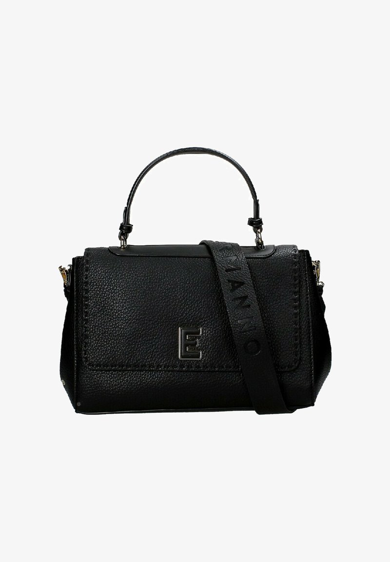 Borsa a tracolla in pelle nera con design strutturato, dotata di manico superiore e tracolla removibile. Accenti in metallo dorato di rilievo e logo impresso.