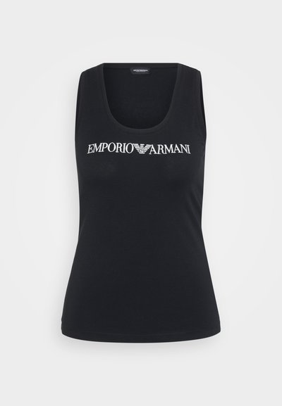 Camiseta sin mangas negra de algodón con escote en forma de u, con el logo "Emporio Armani" destacado en blanco en el pecho.