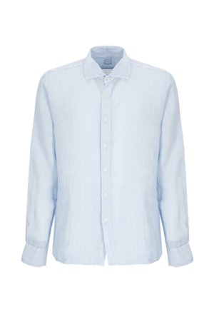 Camicia azzurra a maniche lunghe con bottoni, colletto, polsini con bottoni e orlo dritto, esposta su sfondo bianco.