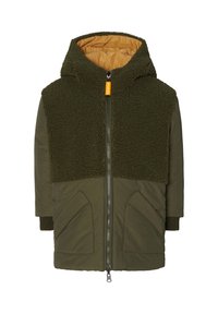 Veste vert olive avec une partie supérieure en fausse fourrure, une section inférieure rembourrée, une fermeture éclair à l'avant et deux poches latérales, avec des poignets côtelés et une capuche.