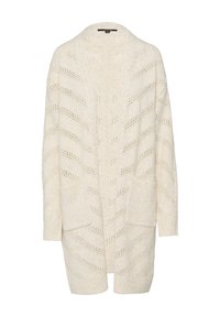 Langer, offener Cardigan in hellem Beige. Besitzt ein strukturiertes Strickmuster mit Zickzack-Design und zwei Fronttaschen. Lange Ärmel, weiches Material.