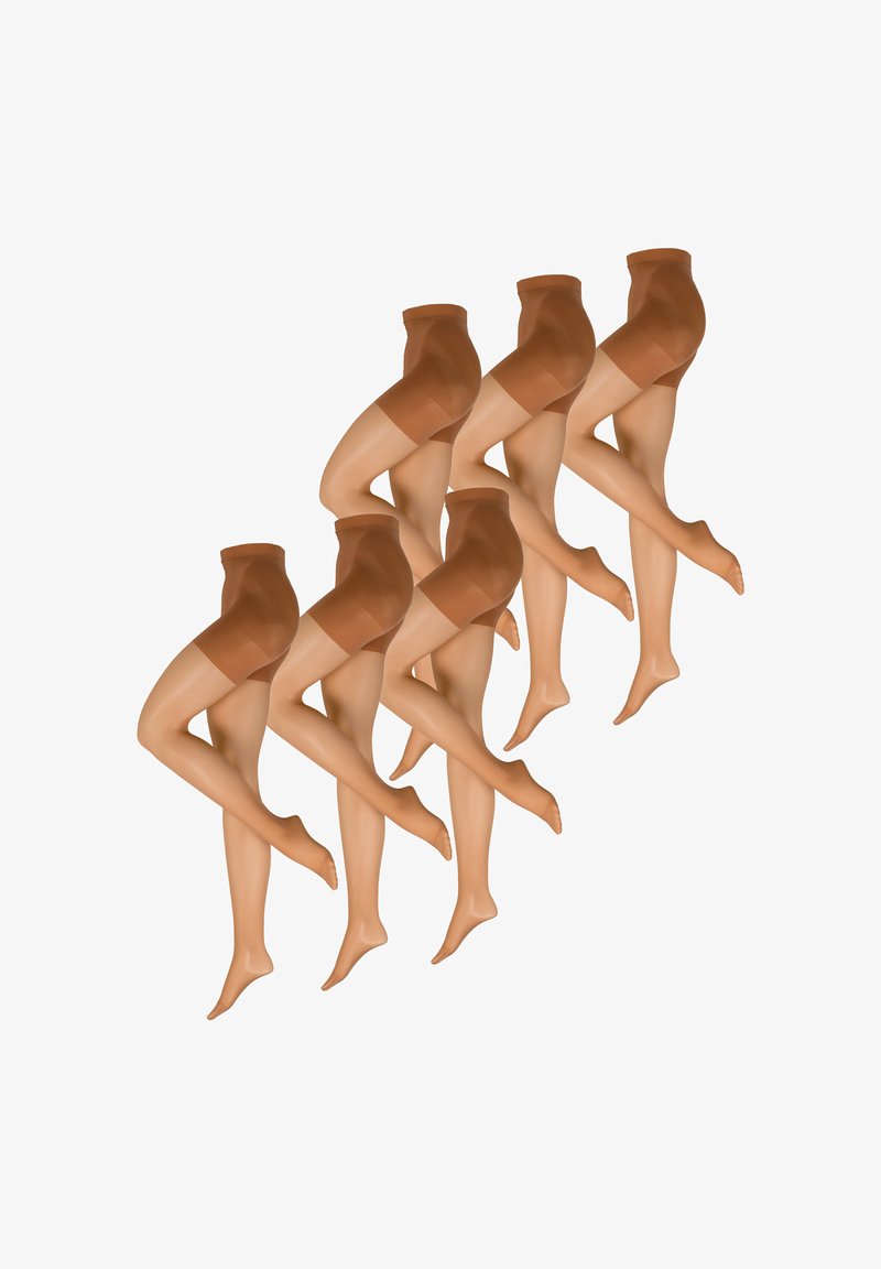 Gennemsigtige tan strømpebukser præsenteret i en serie af posede ben. Materialet er glat med en mat finish og har et højt taljedesign.