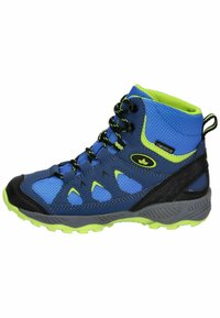 Blue hiking boot with green accents and black overlays. Features textured mesh fabric, protective toe cap, and rubber outsole for traction.