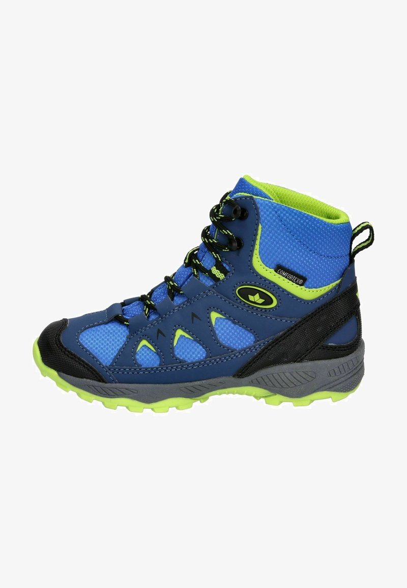 Blue hiking boot with green accents and black overlays. Features textured mesh fabric, protective toe cap, and rubber outsole for traction.