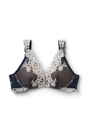 Mörkblå bh med en detaljerad krämfärgad blommig spetsöverdrag, med formade kupor och breda axelband med spetskant. Nät sidor med rutmönster.