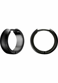 Orecchini a cerchio neri in metallo con finitura opaca. Presentano un design circolare con una superficie interna liscia e un'apertura per un facile fissaggio.