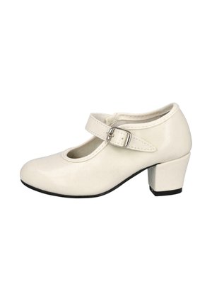 Zapato Mary Jane de cuero blanco con punta redonda, correa ajustable con hebilla y tacón bajo en bloque, que presenta sutiles acentos de costura.
