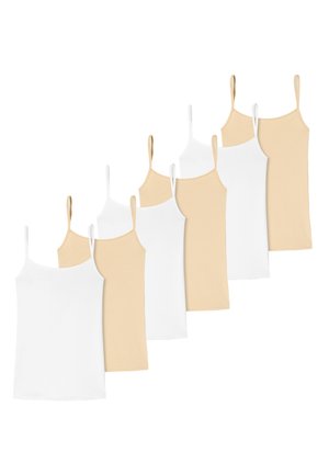 Seven camisoles in white and beige. Features adjustable spaghetti straps, soft cotton fabric, and a fitted design.