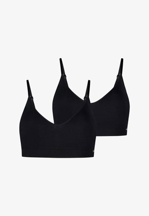 Black bralette set with adjustable straps, v-neck design, stretch fabric, smooth texture, and a wide underband for support.