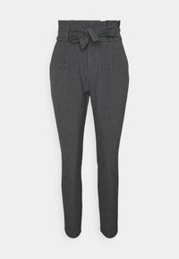 Checkered high-waisted trousers with a tied belt detail. Made from a textured fabric in black and white, featuring a tapered leg design.