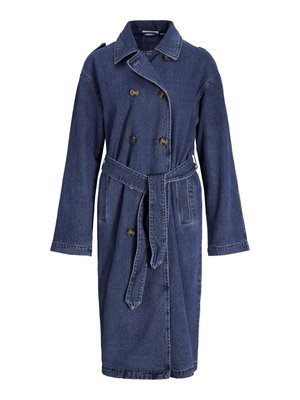 Denim trench coat med lange ermer, dobbeltradet foran og belte i midjen. Farge: mørkeblå. Har knapper og sidelommer.