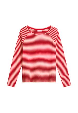 Rot-weiß gestreiftes Langarmshirt mit Rundhalsausschnitt und Raglanärmeln, flach auf weißem Hintergrund liegend.