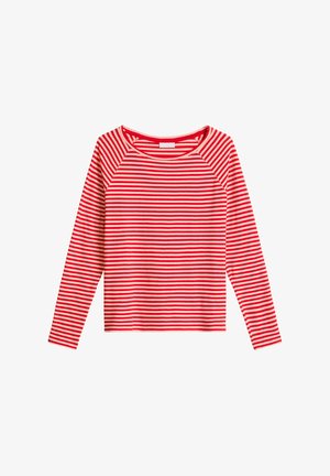 Rot-weiß gestreiftes Langarmshirt mit Rundhalsausschnitt und Raglanärmeln, flach auf weißem Hintergrund liegend.