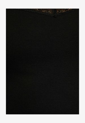 Sort ribbet stof med delikat sort blondedetalje langs den øverste kant, der viser tekstur og design detaljer.