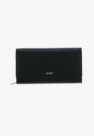 Portafoglio in pelle nera con texture liscia, forma rettangolare, chiusura frontale e logo metallico JOOP! al centro. Scomparto zip per le monete.