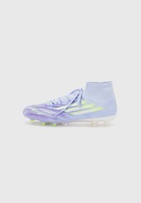 Lace-up soccer cleat in light purple with green accents. Features a high collar and patterned design on the upper. Clear studded sole.