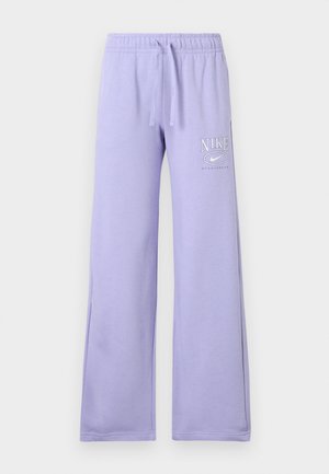 Purple sweatpants made from soft fabric, featuring a drawstring waist and a white Nike logo on the left leg. Flared design at the cuffs.
