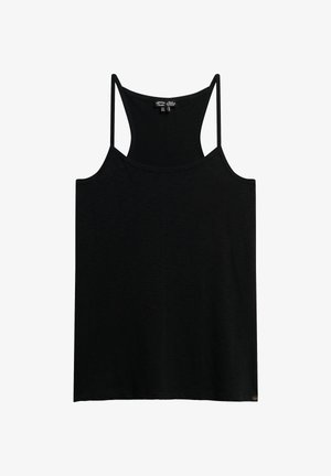 Débardeur noir à fines bretelles, en tissu doux. Présente un décolleté en U et une coupe décontractée. Simple, couleur unie sans motifs.