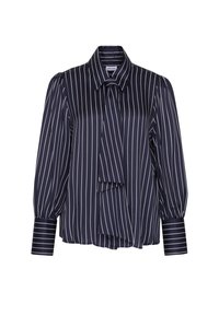 Blouse noire à manches longues avec fines rayures verticales blanches, manches bouffantes, larges poignets et un grand nœud noué au col.