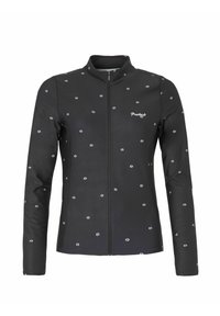 Black zip-up jacket made of smooth fabric, featuring a repeating floral pattern in white and red, with a stand-up collar and long sleeves.
