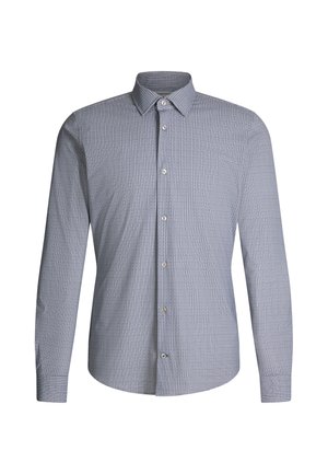 Langärmeliges Hemd mit Knopfleiste in Blau mit einem dezenten geometrischen Muster, aus leichtem Stoff gefertigt. Verfügt über einen klassischen Kragen und eine Knopfschließe.