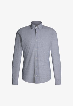 Lange mouw knoopsluitingshirt in het blauw met een subtiel geometrisch patroon, gemaakt van lichtgewicht stof. Heeft een klassieke kraag en knoopsluiting.