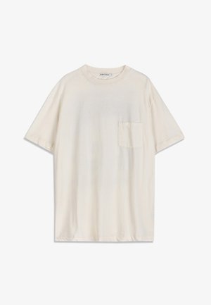 Cream-colored short-sleeve T-shirt with a round neckline and a small chest pocket on the left side, laid flat on a white background.
