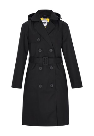 Trenci negru din material neted, cu design cu nasturi dubli, nasturi mari, talie cu curea și glugă detașabilă.