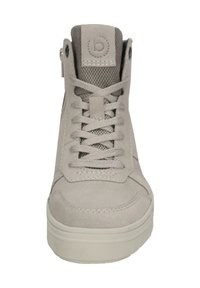 Hellgraue High-Top-Sneaker aus Veloursleder mit Mesh-Elementen. Verfügt über runde Schnürsenkel, einen gepolsterten Schaft und eine strukturierte Gummisohle.