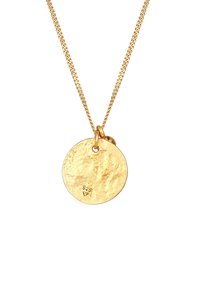 Goldene Anhängerkette mit einem strukturierten, runden Charme und sichtbarem 925-Stempel sowie einer verbundenen Kette. Einfaches Design mit polierter Oberfläche.