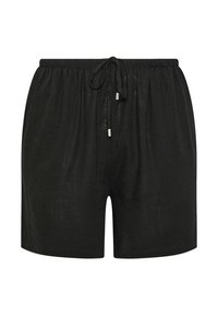 Shorts noirs en lin avec une taille élastique, un cordon de serrage ajustable et une coupe décontractée. Texture lisse sans motifs ni accents visibles.