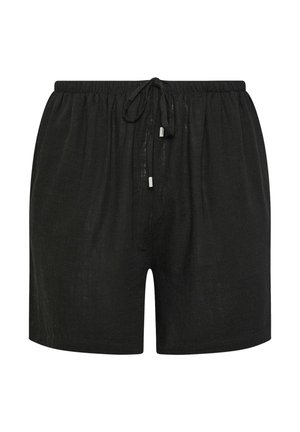 Shorts noirs en lin avec une taille élastique, un cordon de serrage ajustable et une coupe décontractée. Texture lisse sans motifs ni accents visibles.