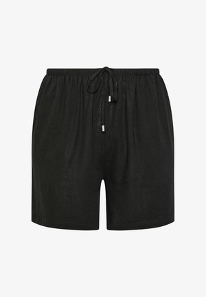 Zwarte linnen shorts met een elastische tailleband, verstelbaar trekkoord en een relaxte pasvorm. Gladde textuur zonder zichtbare patronen of accenten.