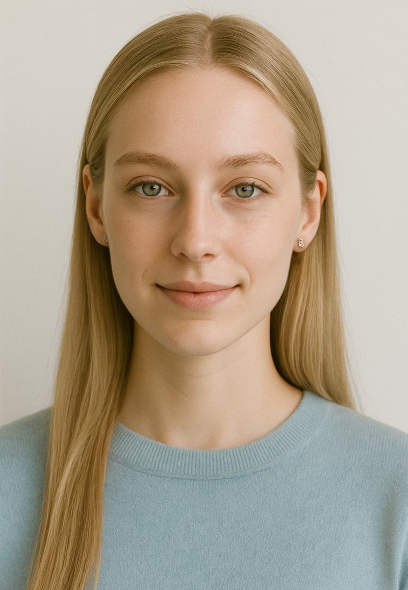 Hellblauer Pullover mit rundem Ausschnitt. Lange glatte Haare und minimale Ohrringe. Sanftes, natürliches Make-up, neutraler Hintergrund.