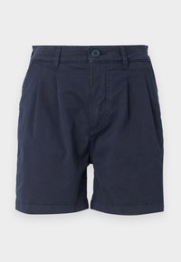 Marina blå shorts i lätt tyg, med knäppning, plisserad design och sidofickor.