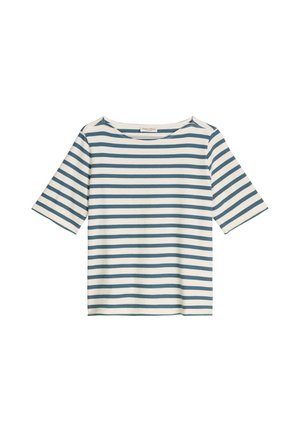 Weißes Hemd mit blauen horizontalen Streifen, kurzen Ärmeln und rundem Ausschnitt.