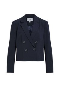 Blazer cropped croisé bleu marine en tissu lisse, avec des revers, des manches longues et deux boutons à l'avant.